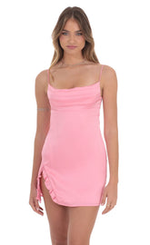 Satin Cowl Neck Dress in Pink
